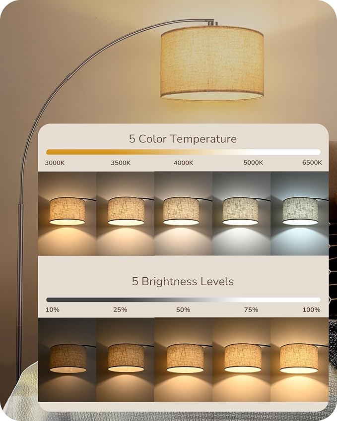 EDISHINE Dimmable Mid Century Modern Floor Lamp with Remote, Tall Arc Standing Lamps with Adjustable Drum Shade, Standing Corner Light for Living Room, Bedroom, Dining Room, Bronze