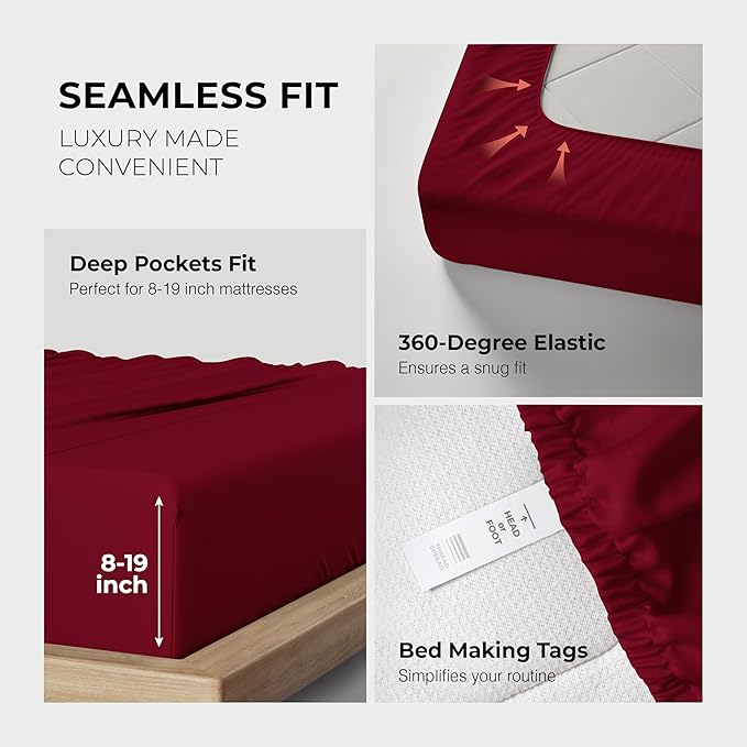 THREAD SPREAD 100% Egyptian Cotton King Size Sheets Set - Luxury 1200 Thread Count Egyptian Cotton Sheets King Size, 17" Deep Pocket, Soft, Cooling Sateen Weave Hotel Quality Bedding Set - Burgundy