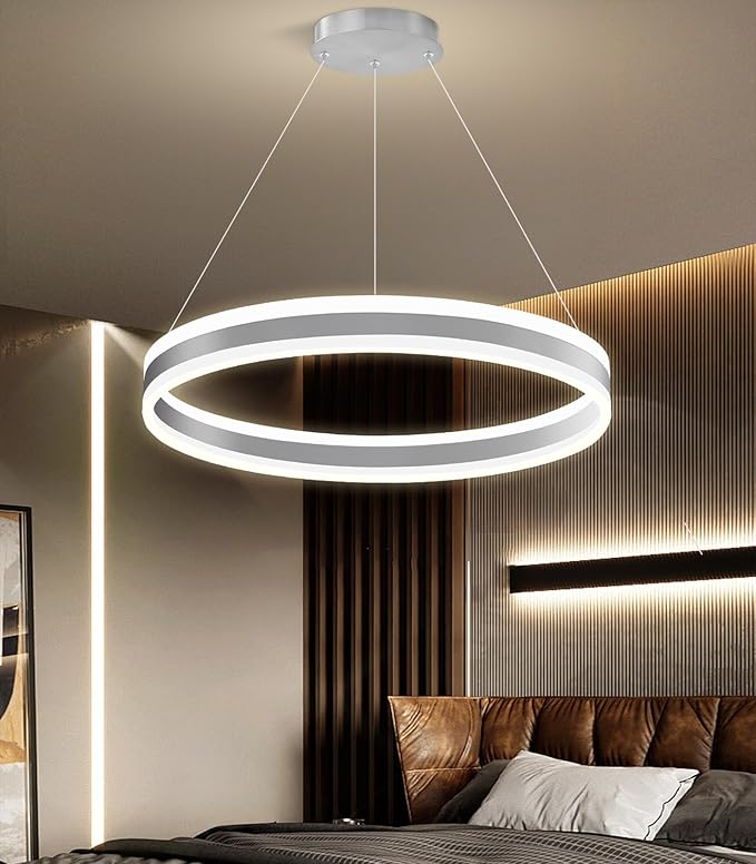 D23.6'' Modern Ring Chandelier for Dining Room LED Dimmable Pendant Lighting High Ceiling Chandelier for Living Room Foyer Bedroom Entryway 3000K-6000K Silver