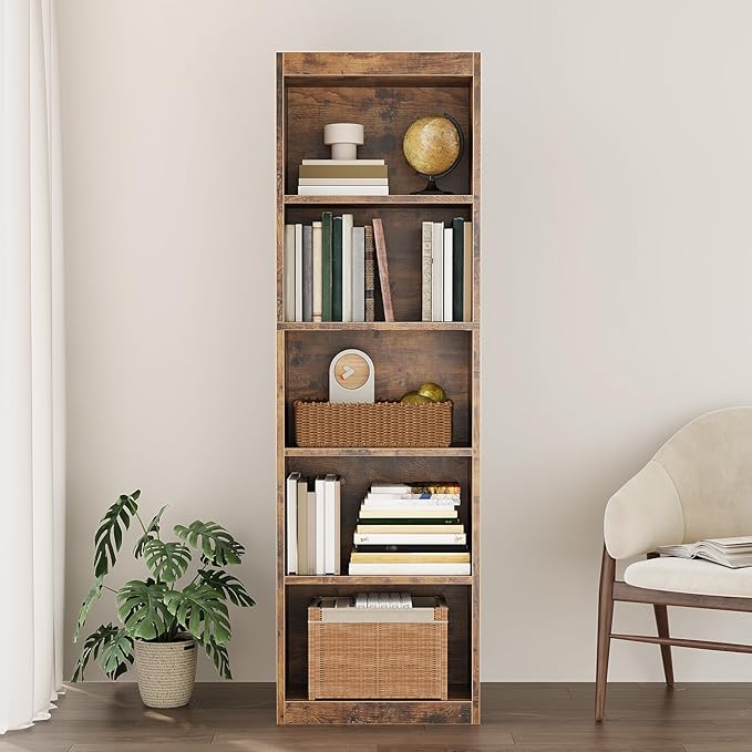 5-Tier Bookcase Set of 2, Open Storage Shelf, Narrow Tall Book Shelf, Freestanding Display Storage Shelves Suitable for Home Office, Living Room and Bedroom, Rustic Brown