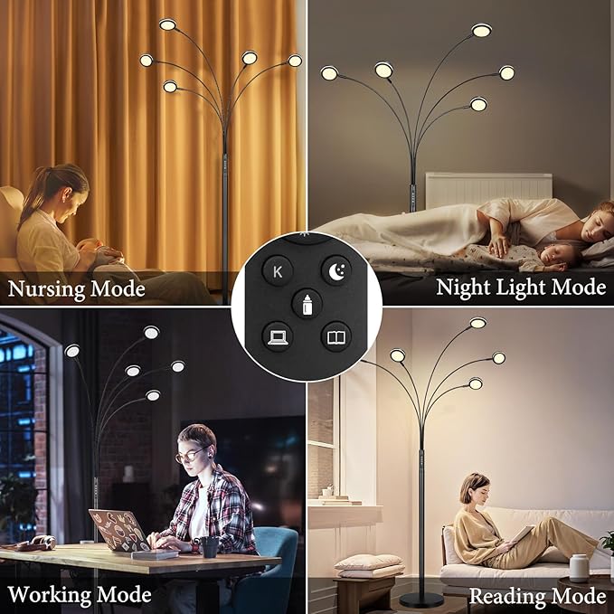 LED Arc Floor Lamp with Remote, 2250LM Dimmable Floor Lamp with Timer, Adjustable Colors, Brightness & 5 Adjustable Arms,Multi-Head Tall Tree Standing Lamp for Living Room Bedroom Corner Office, Black