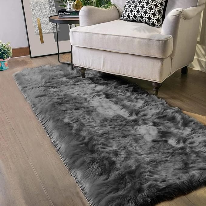 Latepis Dark Grey Faux Sheepskin Fur 2x8 Runner Rug for Hallway Non-Slip Furry Rug for Living Room Carpet for Home Decor Rectangle