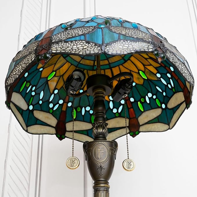 Tiffany Floor lamp Stained Glass Lamps for Living Room Bedroom Office Rustic Corner Standing Tall Vintage Light Kids Unique Pulling Chain Green Dragonfly Style Lighting