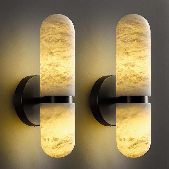 Alabaster Wall Sconces, 13" Black Wall Sconce, Modern Bathroom Sconces Lighting, Black Spanish Natural Marble Sconce for Living Room, Bedroom, Stairs, Hallway 2PC