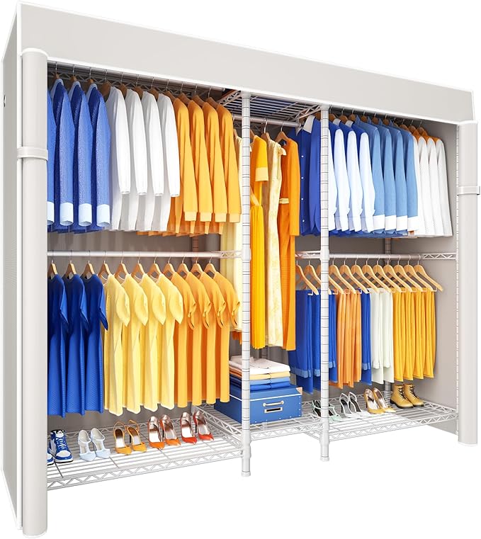 Ulif E12C Heavy Duty Closet Organizer System，Freestanding Clothing Racks for Hanging Clothes，Adjustable Garment Rack 71" W x 16" D x 76.5" H Hold 960 lbs，White Clothing Rack with White Dustproof Cover
