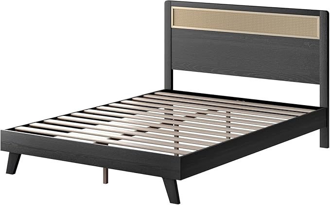 MUSEHOMEINC Modern Wooden Full Size Bed Frame with Rattan Headboard,Boho Style,No Box Spring Needed, Easy Assembly (Full)