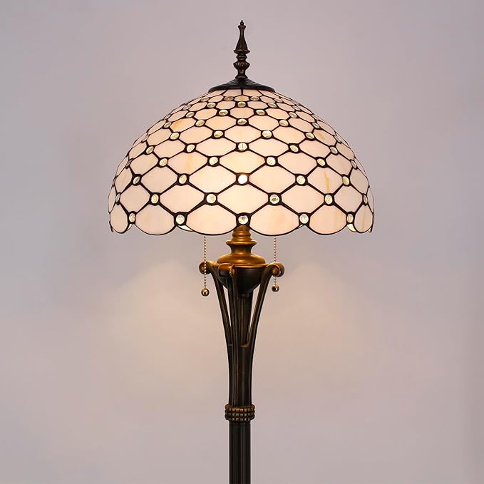 Tiffany Floor Lamp Cream Amber Bead Stained Glass Standing Reading Light 16X16X70 Inches Antique Pole Corner Lamp Decor Bedroom Office Living Room