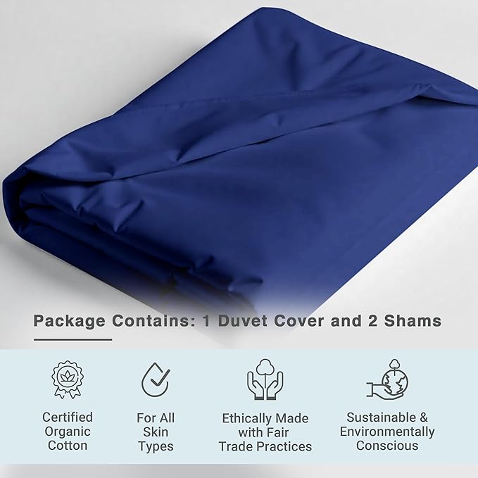 Fabdreams GOTS Certified 100% Organic Cotton Duvet Cover Queen Size - 400 TC Sateen - Soft - Silky - Zipper Closure - Edge Ties - 1 Duvet Cover (90"x92")+2 Pillow Shams (20"x26") - Dark Blue, 3 Piece