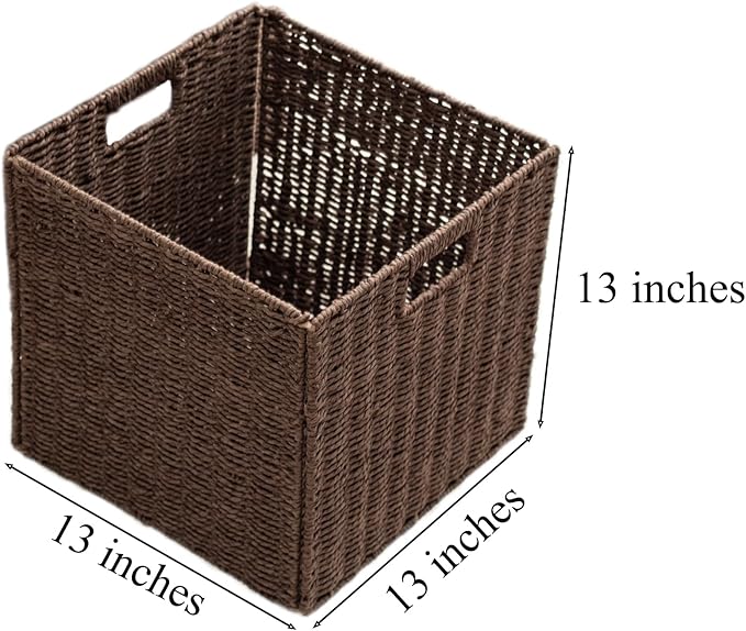 Handwoven Paper Woven Cube Basket Organizer with Handles set of 4 Foldable Storage baskets for Bedroom Living Room Cubby Storage Units for Clothes Books Toys (Brown, 13" L x 13" W x 13" H)