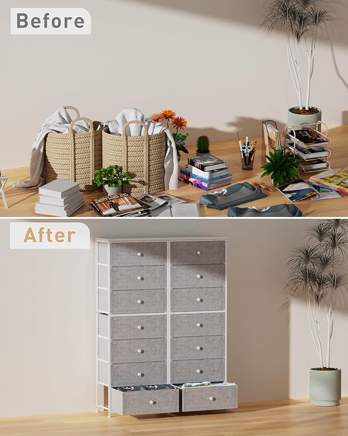 Tall Fabric Dresser for Bedroom, Vertical Storage Organizer Tower with 7 Drawers, Chest of Drawers with Bins, Steel Frame, Wood Top for Bedroom, Closet, Entryway Light Grey