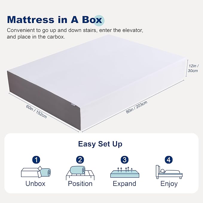 Amazon Basics Memory Foam Mattress, Soft Plush Feel, 12 Inch, Queen, White/Grey