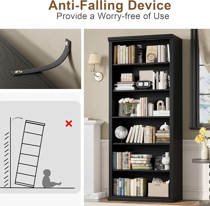 Rresyet Bookcase and Bookshelves, 28" W Tall Bookshelf with Elegant Design, 6 Tiers Spacious Book Storage, Freestanding Book Organizer, Display Library Shelf for Home Office, Living Room & Study Room