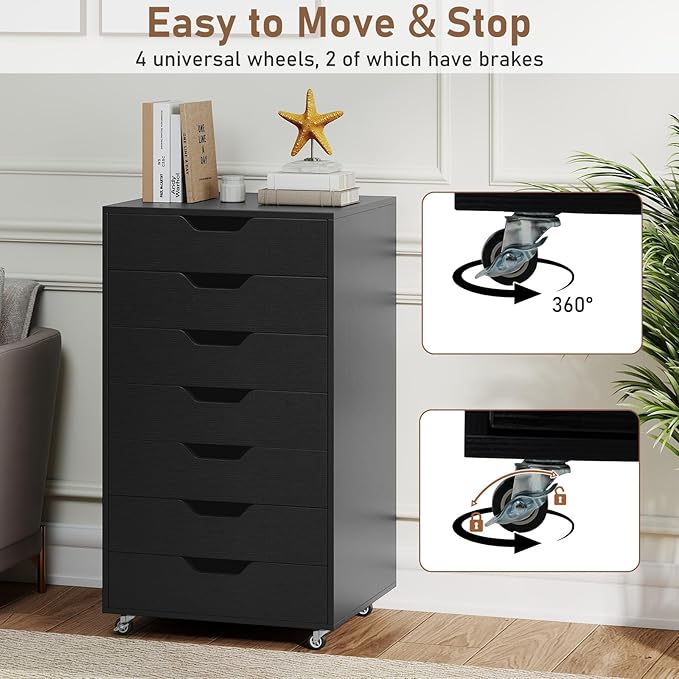 LOKO 7-Drawer Storage Cabinet, Versatile Drawer of Chest with Lockable Wheels, Mobile Office Lateral File Cabinet, for Home Office, Study (Black, 16" D x 19.5" W x 34.5" H)