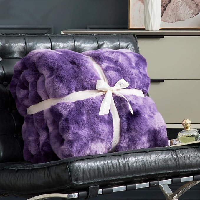 Cozy Bliss Faux Fur Throw Blanket for Couch, Bubble Plush Blanket Queen Size, Fuzzy Soft & Thick Blanket for Bed Sofa Living Room, 90x90 Inches Tie-dye Purple