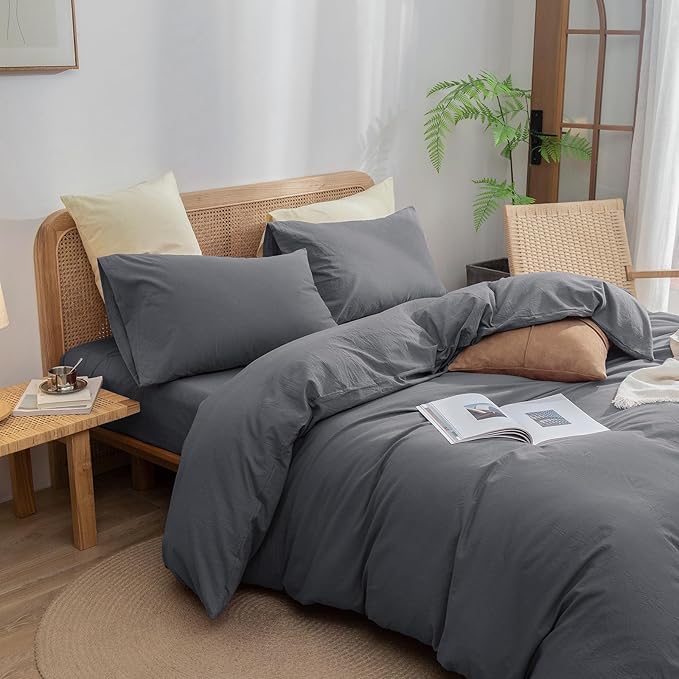 BESTOUCH Duvet Cover Set 100% Washed Cotton Linen Feel Super Soft Comfortable Chic Lightweight 3 PCs Home Bedding Set Solid Quiet Shade Grey Cal King
