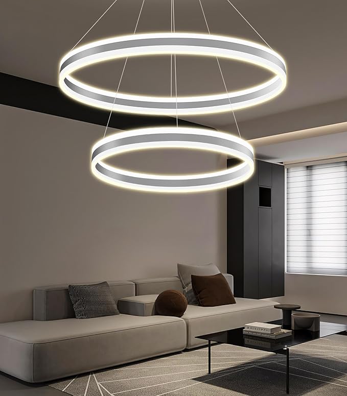 D23.6''+31.5'' Modern Ring Chandelier for Dining Room LED Dimmable Pendant Lighting High Ceiling Chandelier for Living Room Foyer Bedroom Entryway 3000K-6000K Silver
