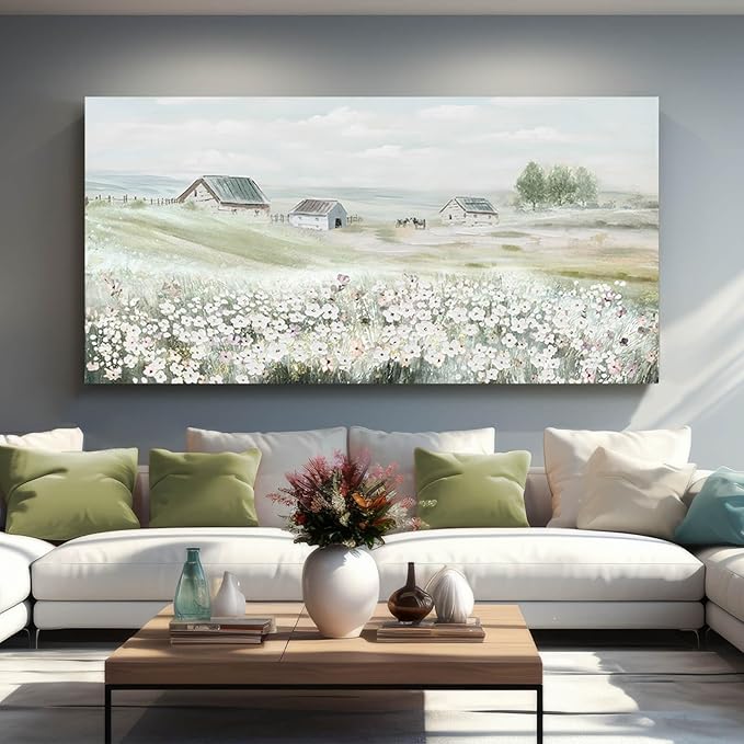 Large Framed Wall Art for Living Room - Grassland Landscape Home Wall Decor - Vintage Neutral Canvas Pictures for Bedroom 29"x 58" Office Wall Hanging