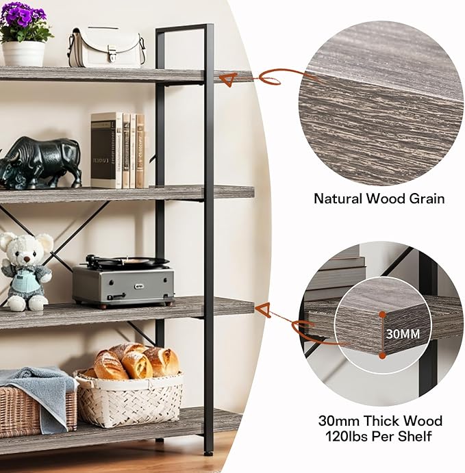 4-Tier Industrial Bookcase, 47 Inch Wide Wood Bookshelf, 120lbs Shelf Capacity, Rustic Open Shelving Heavy Duty Display with Reinforced Horizontal Grey Shelves for Living Room Bedroom Office - 2Pcs