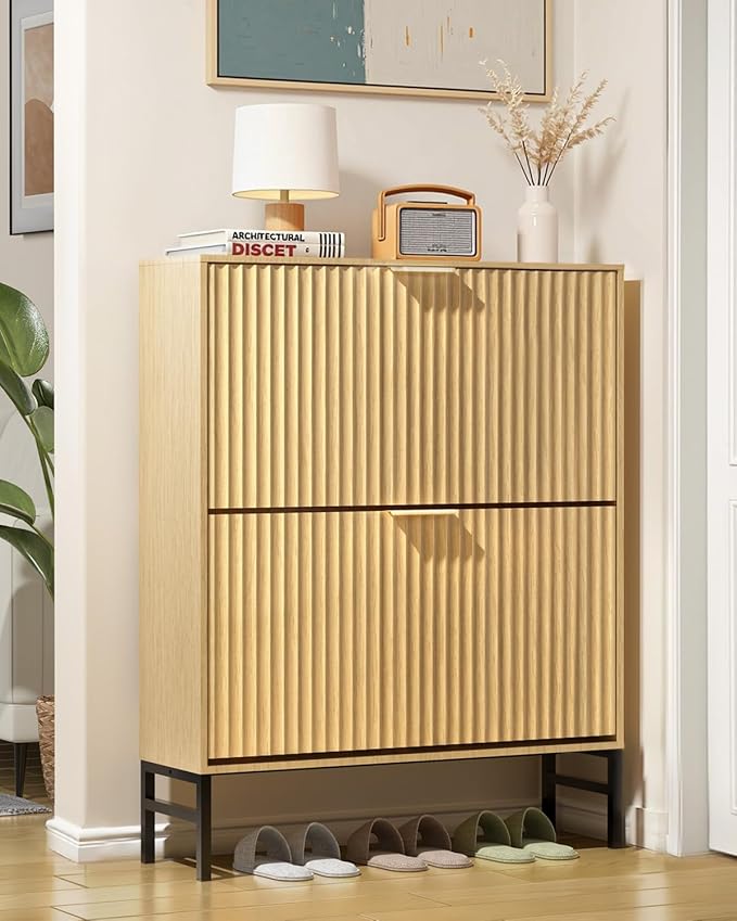 Shoe Cabinet, Fluted Shoe Cabinet Storage for Entryway with 2 Flip Drawers, Hidden Wooden Shoe Organizer with Metal Leg, Mid-Century Modern Narrow Shoe Rack for Hallway, Living Room (Nature)