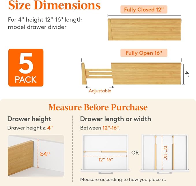 Lifewit 5 Pack Drawer Dividers Bamboo 4" High, 12-17" Adjustable Drawer Organizers for Clothes, Expandable Dresser Separators in Bedroom/Bathroom/Kitchen/Fridge/Office Organization and Storage