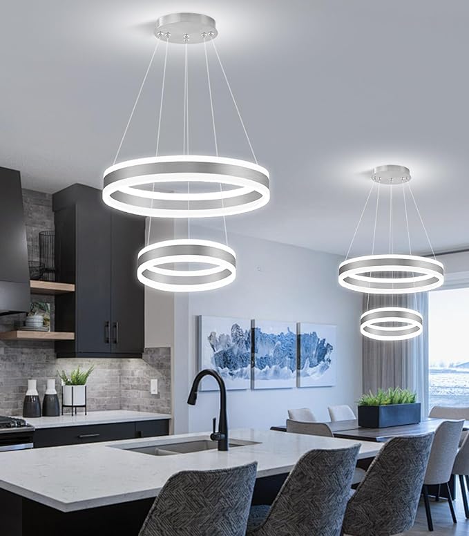 D7.8''+15.7'' Modern Ring Chandelier for Dining Room LED Dimmable Pendant Lighting for Living Room Foyer Bedroom Entryway 3000K-6000K Silver