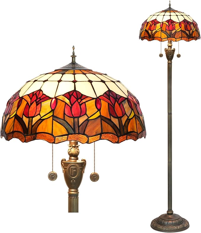 Tiffany Floor Lamp Red Tulip Style Stained Glass Standing Reading Light 16X16X64 Inches Antique Unique Pole Corner Tall Decor Lamp for Bedroom Living Room Home Office