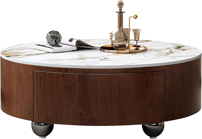 SSLine Modern Round Drum Coffee Table Luxury Sintered Stone Top Coffee Table with Storage Drawers,Walnut Wood Frame and Brushed Stainless Steel Legs,Marble Grain Center Table for Living Room