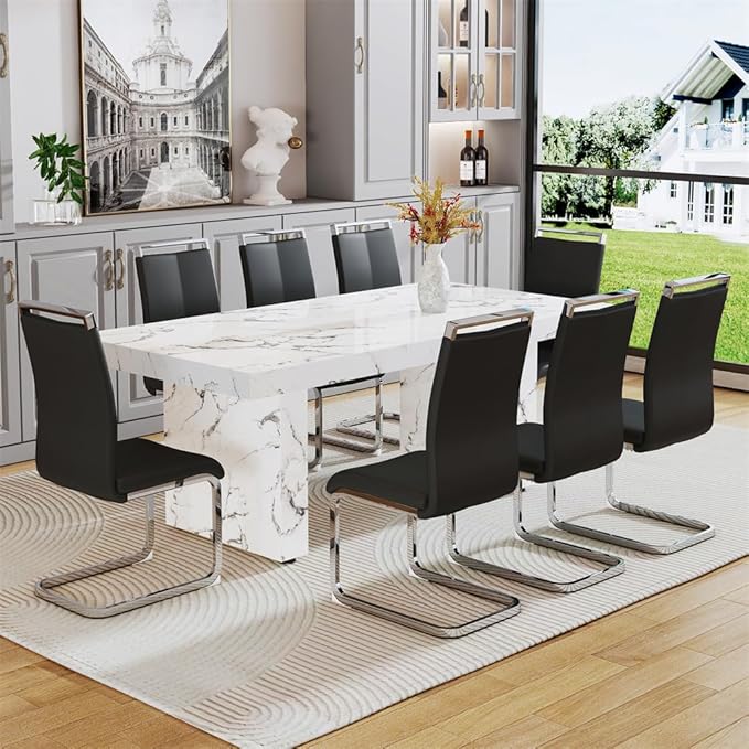 79'' Dining Table Set for 8, Dining Room Table Set for 8, 3.5'' Thick Faux Marble Table Top, MDF Table Legs, PU Ergonomic Dining Chair, for Dining Room