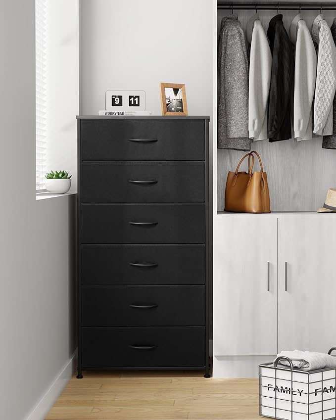 Crestlive Products Dresser for Bedroom with 6 Drawers, Tall Chest of Drawers, Black Dressers Bedroom Furniture, Storage Organizer Unit with Bins for Closet, Hallway, Living Room, Entryway
