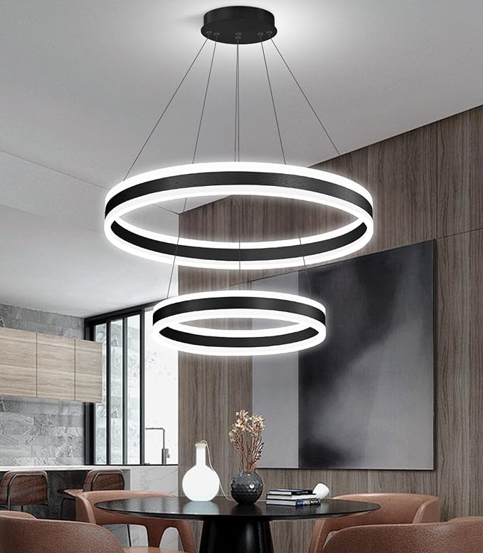 D15.7''+23.6'' Modern Ring Chandelier for Dining Room LED Dimmable Pendant Lighting Chandelier for Living Room Foyer Bedroom Entryway 3000K-6000K Black