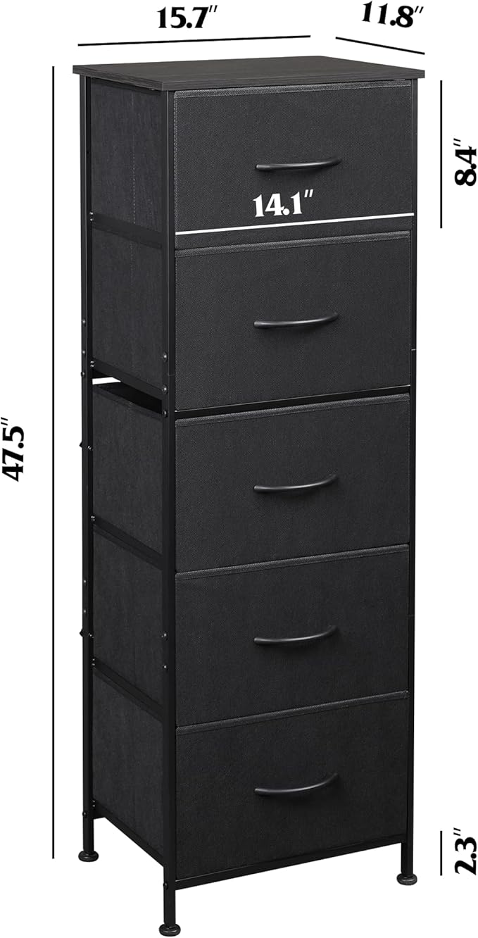 WLIVE Fabric Dresser, 5-Drawer Tall Dresser for Bedroom, Storage Organizer with Fabric Bins, Wood Top, Sturdy Steel Frame, Chest of Drawers for Closet, Hallway, Charcoal Black