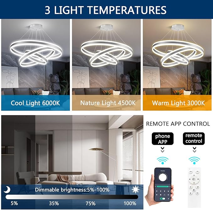 Modern LED Dimmable Chandeliers for Dining Room 3-Rings High Ceiling Chandelier for Living Room Adjustable Pendant Light Flush Mount Light Fixture for Foyer Entryway Bedroom |Silver