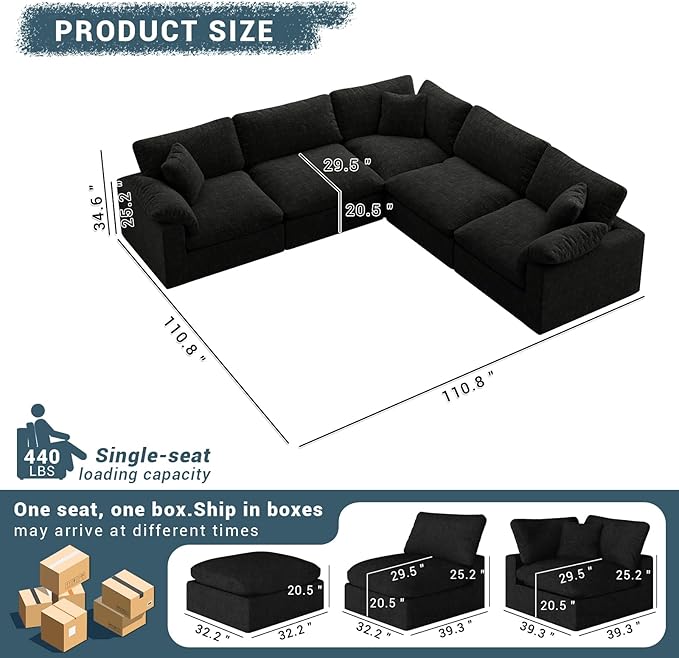 110.8" Oversized Cloud Sectional Couches for Living Room, Comfy Down Filled Couch, Convertible 5 Seater V Shaped Modular Couch, Deep Seat Modular Sectional Sofa with Removable Covers, Black