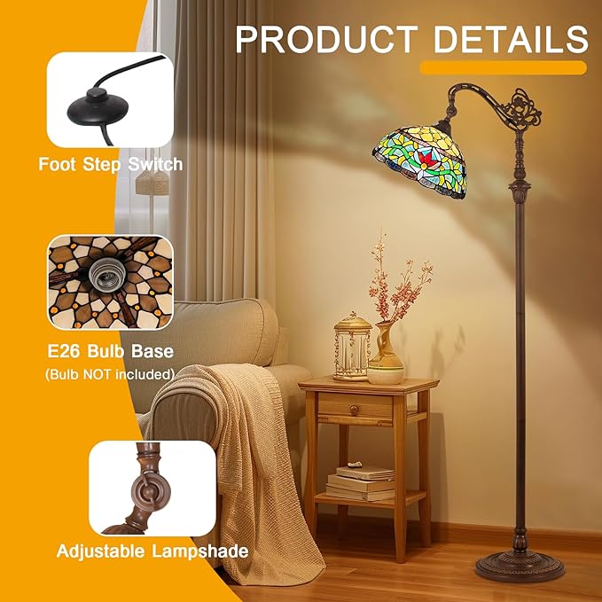 Capulina Tiffany Lamp Stained Glass Floor Lamp Arched Gooseneck Adjustable Angle Rome Victorian Tiffany Style Floor Lamp for Living Room Bedroom Home Office