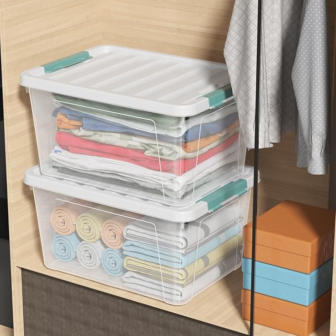 6 Packs 35 L Clear Plastic Latching Bins with Lids, Large Storage Tote Boxes