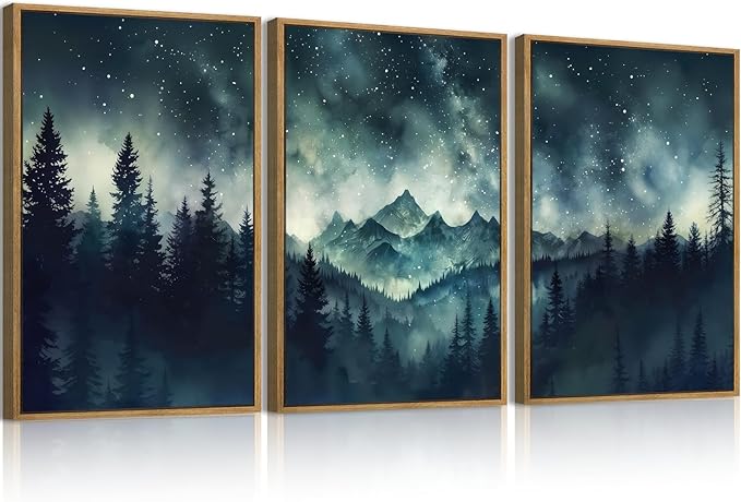 Large Misty Forest Mountain Wall Art Framed Dark Starry Sky Wall Decor Modern Wilderness Art Print for Living Room Bedroom Office 16x24 Inch Set of 3