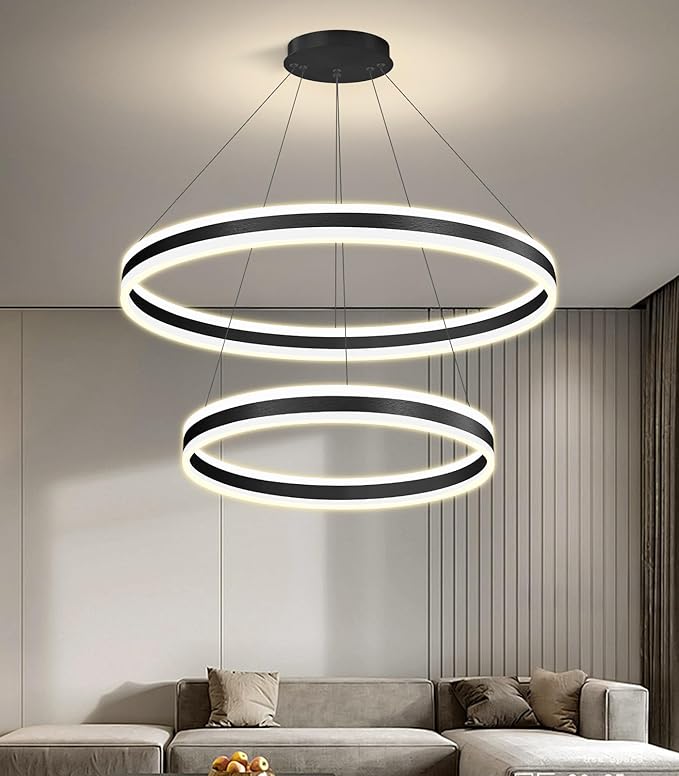D23.6''+31.5'' Modern Ring Chandelier for Dining Room LED Dimmable Pendant Lighting High Ceiling Chandelier for Living Room Foyer Bedroom Entryway 3000K-6000K Black