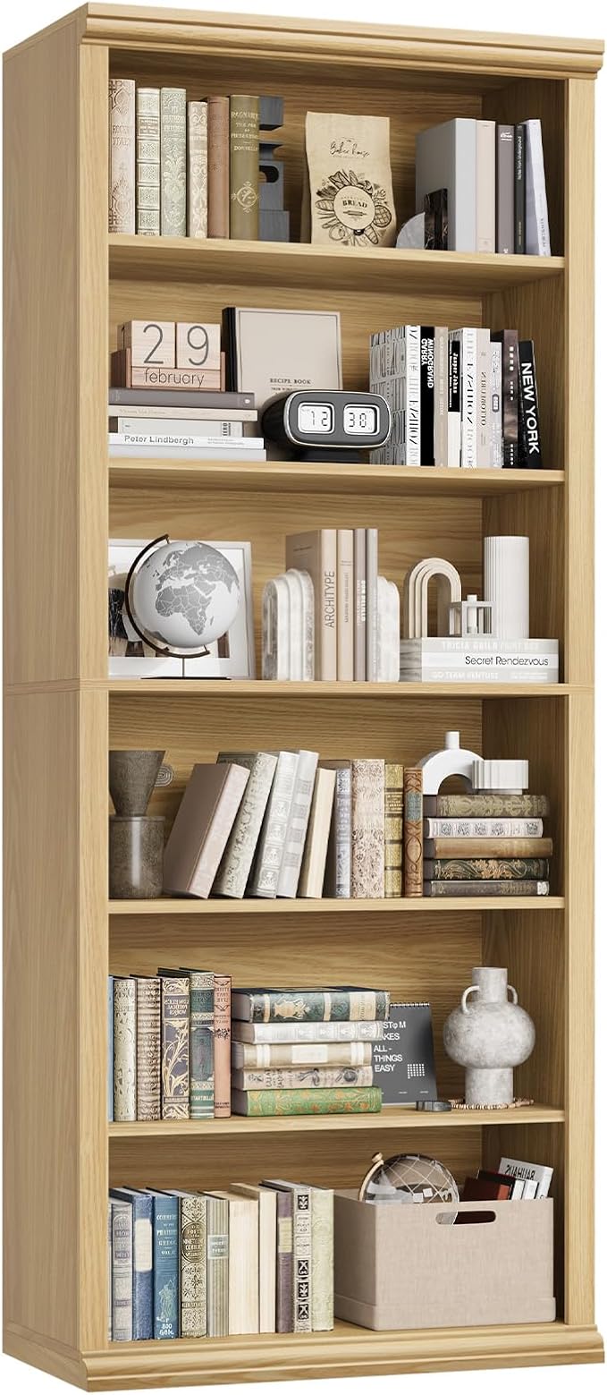 Rresyet Bookcase and Bookshelves, 28" W Tall Bookshelf with Elegant Design, 6 Tiers Spacious Book Storage, Freestanding Book Organizer, Display Library Shelf for Home Office, Living Room & Study Room