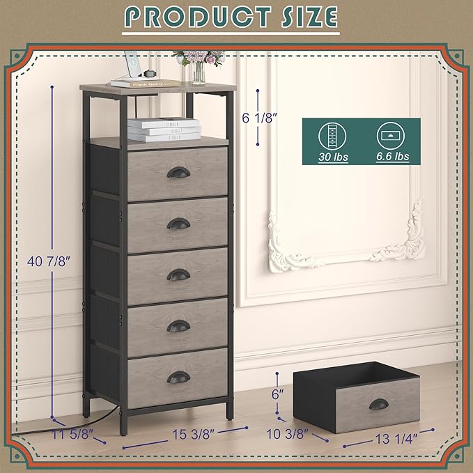 Nightstand with Charging Station,LED Grey Nightstand with 5 Fabric Drawers, Bedside End Tables, 2-Tier Open Storage Shelf Side Table Nightstand with Drawers for Bedroom, Grey