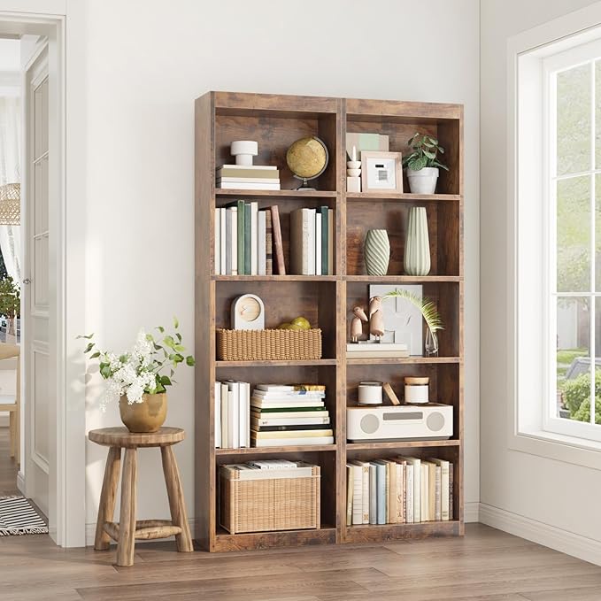 5-Tier Bookcase Set of 2, Open Storage Shelf, Narrow Tall Book Shelf, Freestanding Display Storage Shelves Suitable for Home Office, Living Room and Bedroom, Rustic Brown