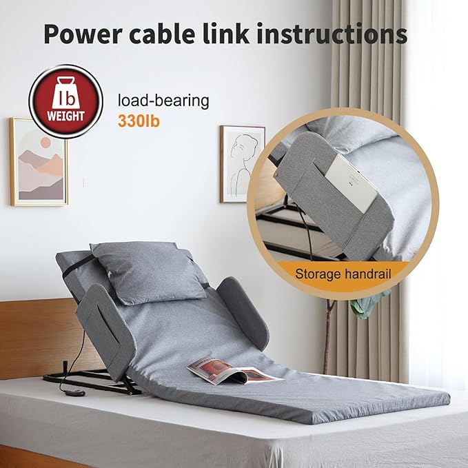 Adjustable Electric Bed Support Frame, Gray, Steel, 330lb Capacity, Remote Control, 65-Degree Tilt, Motor Drive,Portable Lift Mattress