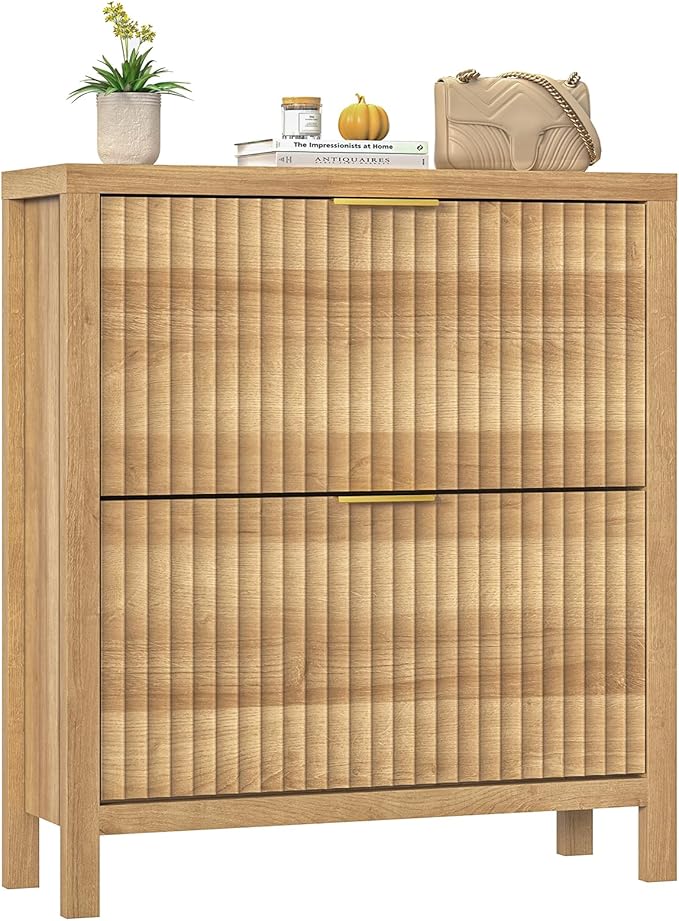 Shoe Cabinet Storage for Entryway, Fluted Shoe Cabinet with 2 Flip Drawers, Hidden Shoe Rack Tall Freestanding Shoe Organizer with Legs for Hallway, Wood
