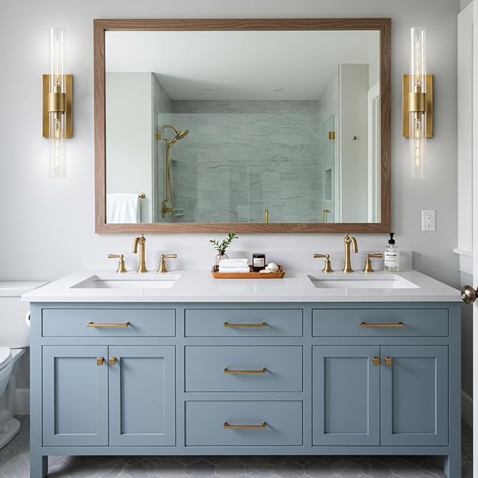 Brass Wall Sconce Set of Two, Gold Bathroom Wall Sconce Vanity Light Over Mirror, 22.8" Gold Sconce with Glass Tube, Horizontal or Vertical Linear Sconce Wall Lighting for Living Room, Bedroom