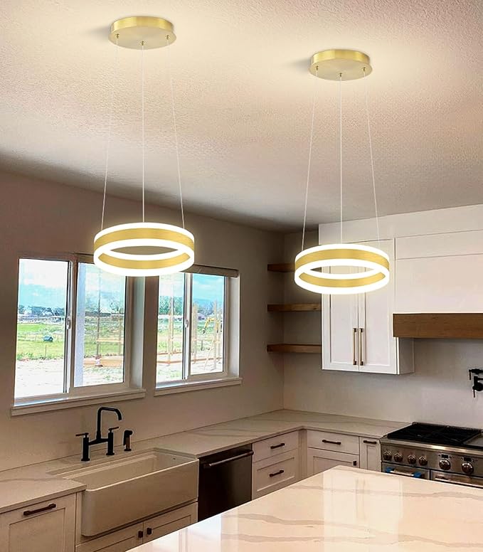 D7.8'' Modern Ring Chandelier for Dining Room LED Dimmable Pendant Lighting High Ceiling Chandelier for Living Room Foyer Bedroom Entryway 3000K-6000K Gold