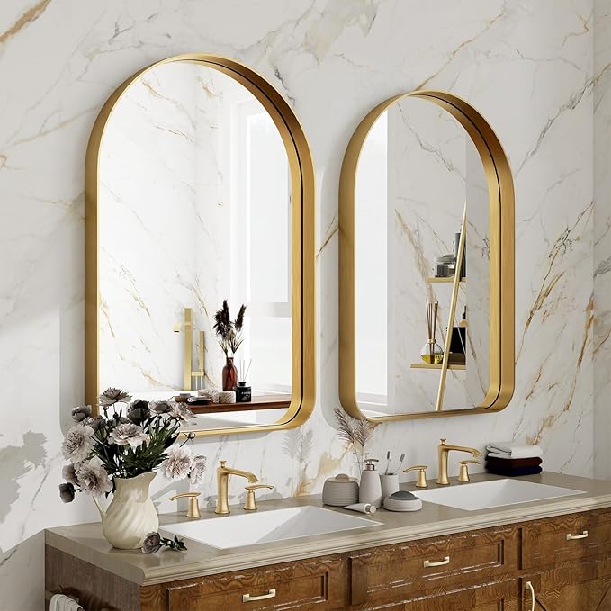 Arched Bathroom Mirror - 38x26 Inch Gold Bathroom Mirror for Wall - Aluminum Alloy Framed Mirror - Arched Top Bathroom Vanity Mirror for Living Room, Bedroom, Mantel, Entryway, and Hallways