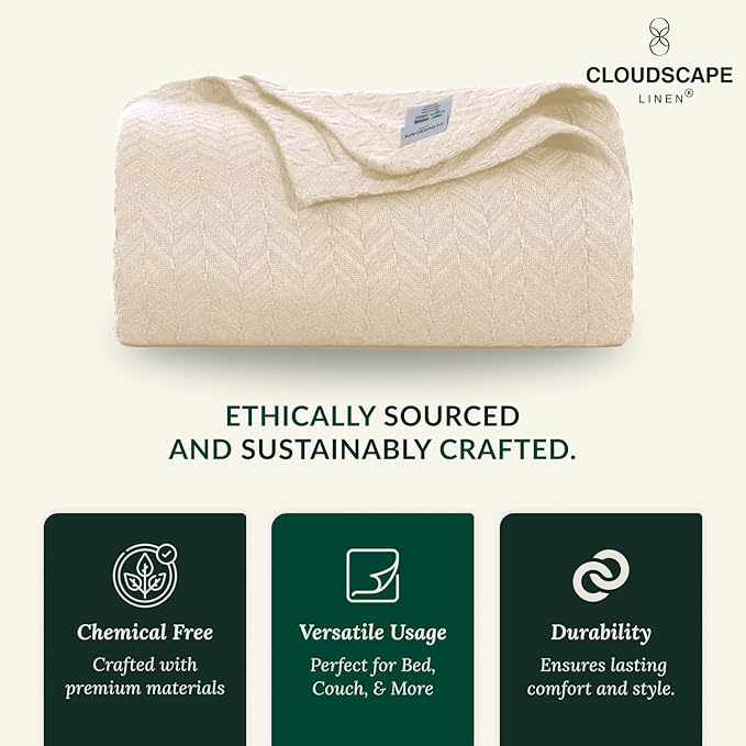 Cloud Scape Linen 100% Cotton Blanket Queen Size - Lightweight All Season & Breathable Blanket, Herringbone Weave, Best Gift for Women, Mom, Men,fits Full Size Bed, 92x92, Ivory