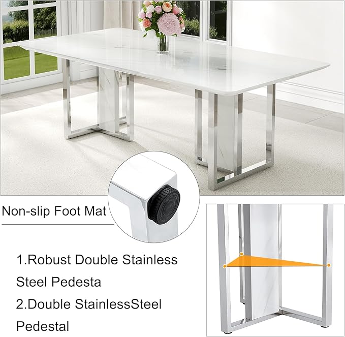 79'' Modern Dining Table Set for 10,White Kitchen Table Set,Luxury Dining Table Set with 1.8-inch Thick Faux Marble Table Top＆10 Pu Leather Upholstered Chairs Ideal for Dining kicken Room