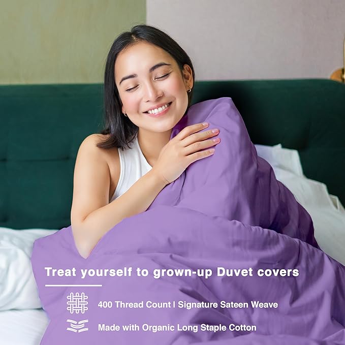Fabdreams GOTS Certified 100% Organic Cotton Duvet Cover Queen Size - 400 TC Sateen - Soft - Silky - Zipper Closure - Edge Ties - 1 Duvet Cover (90"x92") + 2 Pillow Shams (20"x26") - Lilac, 3 Piece