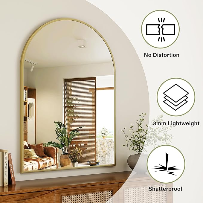 Arch Bathroom Mirror, 20x30 inch Arched Bathroom Mirror/Wall Mounted Vanity Mirror - Arch Metal Frame Wall Mirror for Bathroom Bedroom Living Room, Gold