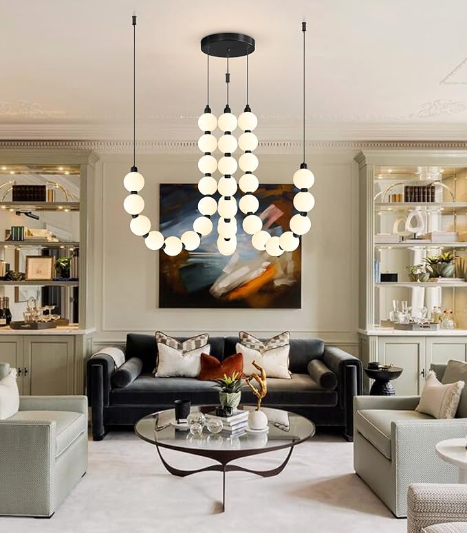 Modern Chandeliers LED Dimmable Light Acrylic Balls Ceiling Pendant Lighting for Living Room Dining Room Bedroom Adjustable Hanging Lights 70 Watts, Balck Lamp